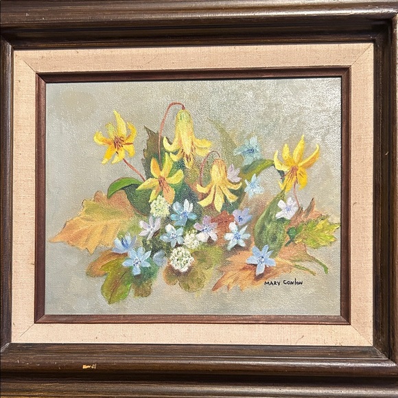 Elegant Floral Painting with Yellow and Blue Blooms